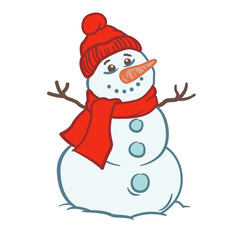Smiling snowman in a red knitted hat and red scarf. Hand-drawn Illustration on a transparent background