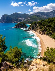 Aerial view of a turquoise bay, sandy beach, and green cliffside