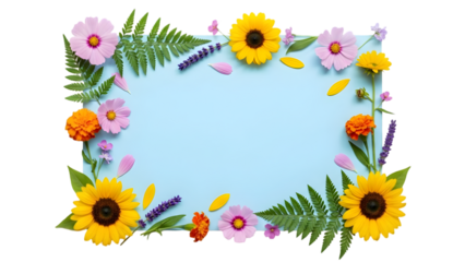 Floral frame with sunflowers and leaves isolated on transparent background