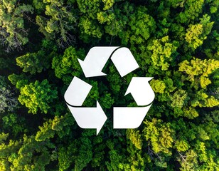 Aerial view of green forest with a white recycling symbol overlaid