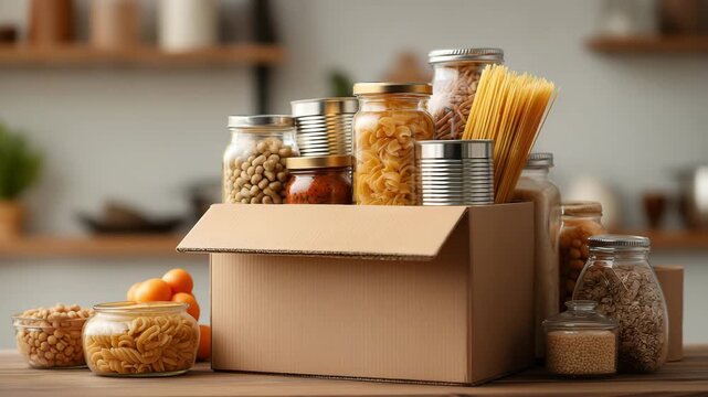 Various canned food, pasta and cereals in a cardboard box, donation box, surrounded by food canned, on clean kitchen room on background