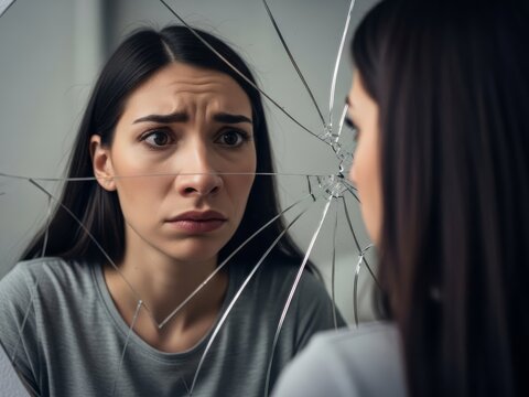 Worried woman looks at reflection in a broken mirror with cracks. Concept of mental health problem, fragile psyche, stress, and crisis.