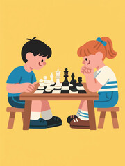 Two children playing chess at a small table with focused expressions. A joyful moment of strategy and learning.
