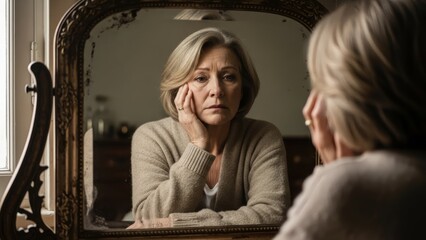 Reflective woman looking into vintage mirror with a sad, pensive expression, feeling despair and solitude, mental health and aging concept.
