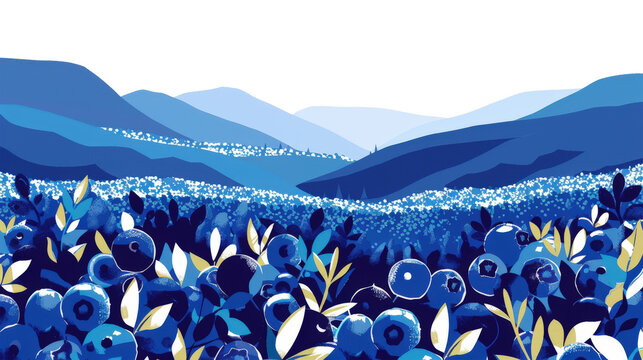 Stylized Blueberry Field Landscape with Mountains and Abstract Foliage