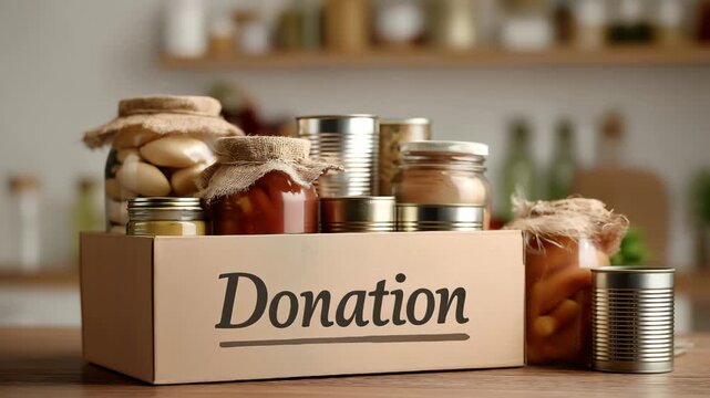 Food and canned food items in donation box, a box with "Donation" text on it, on clean kitchen room on background