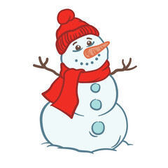 Smiling snowman in a red knitted hat and red scarf. Hand-drawn Vector illustration isolated on white background