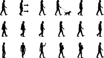 Collection of Black Silhouette People Walking Icons, Featuring Various Men, Women, and a Dog Walker for Public Signage, Graphics, and Architectural Plans.