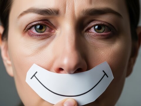 Woman covering sad expression with paper smile mask. Concept of hiding real feelings, depression and emotional well-being difficulties for mental health awareness.