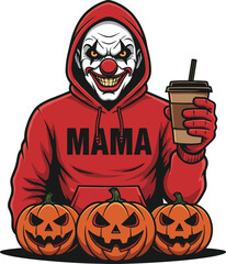 Scary Clown Mama in Red Hoodie Holding Coffee Cup, Standing with Three Glowing Halloween Jack-O'-Lanterns, Representing Edgy Motherhood and Horror Theme.