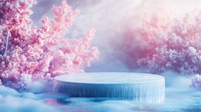 Christmas tree with white snowdrift,snowflakes,snow land,podium with bauble,Christmas theme stage podium mock up for product placement,Happy New Year. Celebrate party,Xmas Poster,web banner,festive.