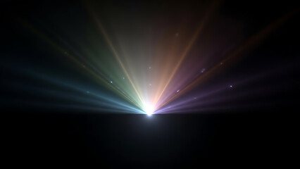 Vibrant lens flare effect with radiant colorful beams on a dark background.