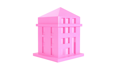 A simplistic, 3D-rendered pink building, against a black backdrop, with a geometric design