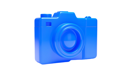 A glossy, solid blue camera icon against a stark black background, showcasing its shape