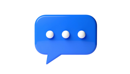 3D-rendered blue speech bubble icon with three dots, isolated on a black background