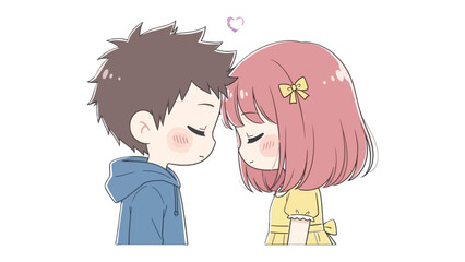 Gentle Embrace of Affection: Tender cartoon illustration of a couple in a sweet moment, their foreheads touching under a delicate purple heart, a heartwarming display of love and connection.