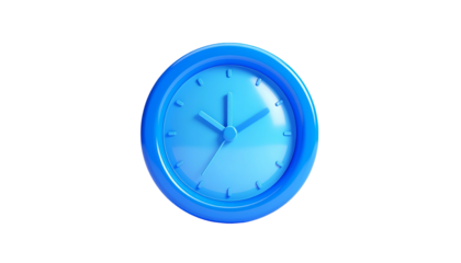 A 3D rendered, light blue clock with a circular face and hands against a black background