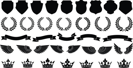 Obraz premium Heraldic silhouette collection with shields laurel wreaths banners wings and crowns, classic black emblem vector elements for logos awards and badges