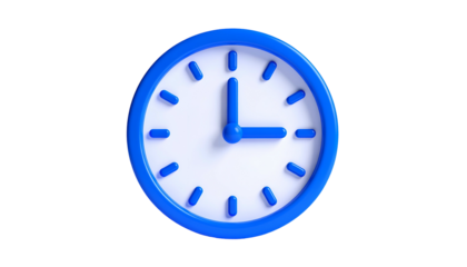 A vibrant blue and white minimalist clock face showing three o'clock on a black background