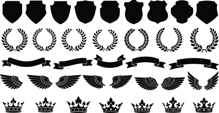 Heraldic silhouette collection with shields laurel wreaths banners wings and crowns, classic black emblem vector elements for logos awards and badges