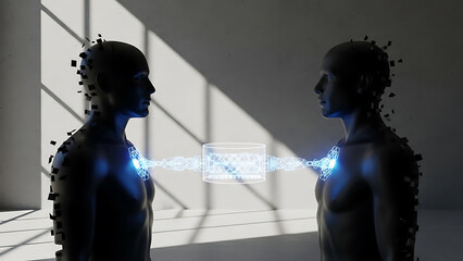 Digital Human Connection: Data Transfer and AI Communication Between Two Figures