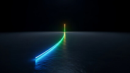 Neon path on dark water surface leading to glowing portal