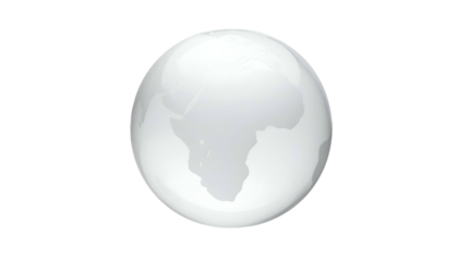 A translucent white globe, continents subtly visible, against a stark black background