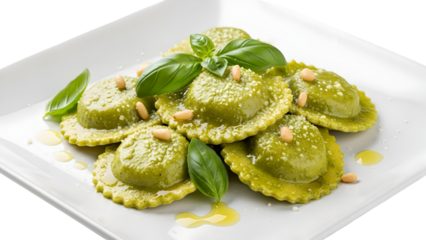Delicious spinach and ricotta ravioli with pesto and pine nuts isolated on transparent background