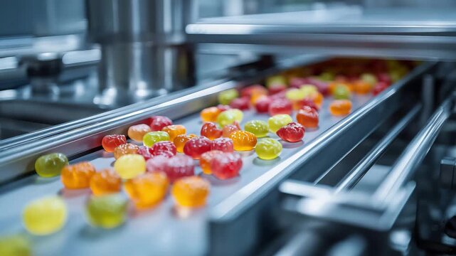 Automated food system producing gummies, process on a conveyor belt, ready for filling and distribution