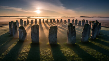 Dramatic Sunrise over Ancient Stone Circle with Long Shadows and Misty Landscape