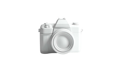 A 3D rendered white camera icon floating against a black background