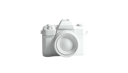 A 3D rendered white camera icon floating against a black background