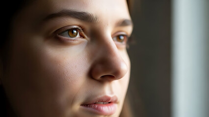Close-up of a thoughtful young woman's face, looking away with soft window light