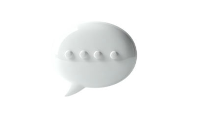 3D-rendered white speech bubble with four dots, on black background