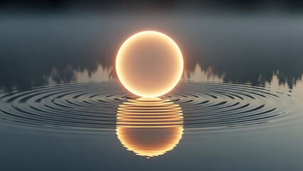 A glowing sphere creating concentric ripples on a calm water surface at dusk.