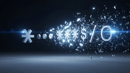 Password characters shattering, symbolizing data breach or cybersecurity threat