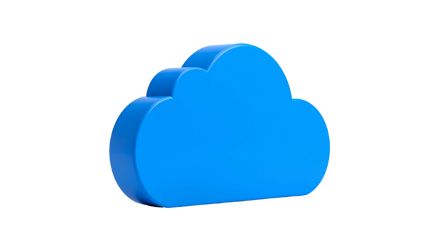 3D rendered, bright blue cloud graphic floats against a stark black background - Powered by Adobe