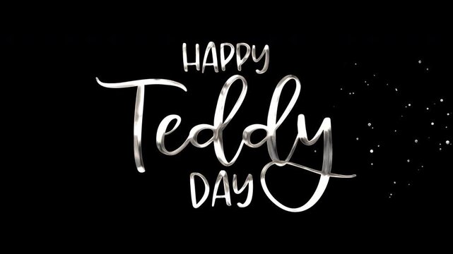 Silver cursive text reads happy teddy day on black. Perfect for greeting cards, social media posts, or valentines day designs.
