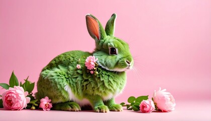 Green rabbit with flowers.