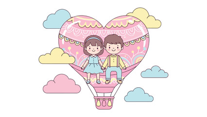 Love's Aerial Journey: A tender couple embarks on a whimsical flight, nestled in a heart-shaped hot air balloon amidst fluffy clouds, symbolizing love, dreams, and adventure.