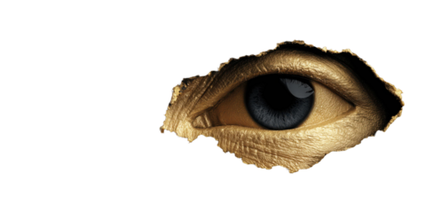 Glimpse Behind the Surface: A detailed close-up reveals a watchful eye peering through a textured, golden aperture, inviting curiosity and introspection.