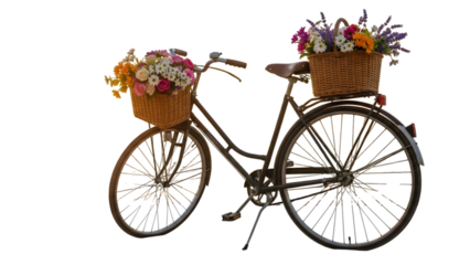 Vintage bicycle with flower baskets isolated on transparent background