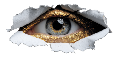 Intriguing Gaze: A captivating eye, with striking golden accents, peeks through a torn surface, hinting at discovery and perception.