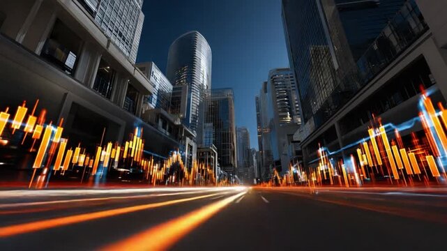 Financial District's Urban Pulse: A modern cityscape transforms into a dynamic tableau of financial activity, with a glowing streak of light weaving through the avenues, symbolizing speed and growth.