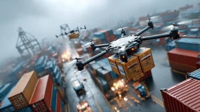 Cargo Drones in Action: High-angle view showcasing a fleet of cargo drones delivering packages amid a busy port, portraying the seamless integration of aerial technology and logistics.