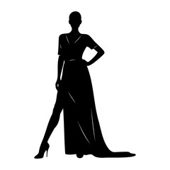 Silhouette of a woman in a long dress isolated on white background standing confidently