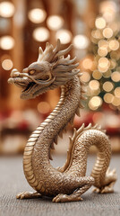 Obraz premium Chinese New Year symbol - golden dragon on festive New Year background with lights.