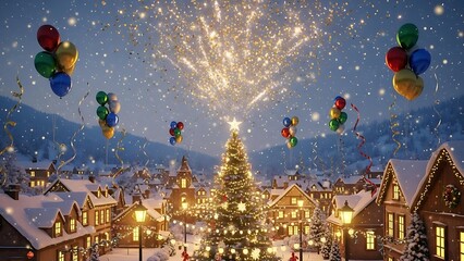 Festive Snow Covered Village with Christmas Tree and Fireworks at Night