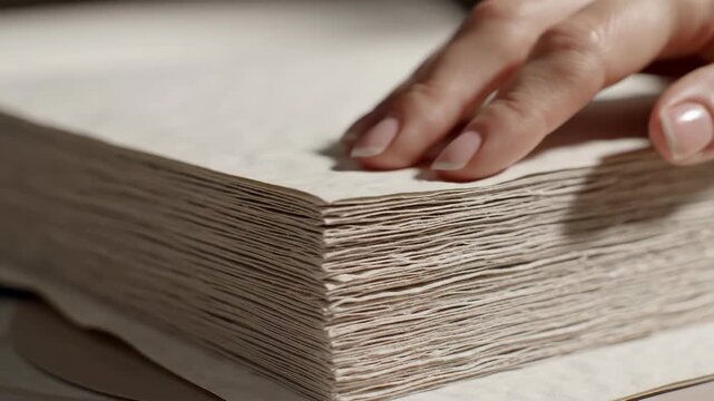 Close-up of hands flipping through an ancient manuscript with aged pages