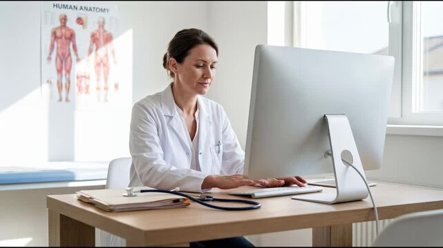 A female doctor in a white coat focuses on typing on a computer in a bright medical office with a stethoscope lying on the desk and an anatomy poster hanging on the wall